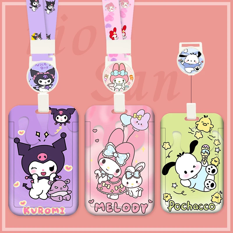 Cartoon Anime Sanrio Retractable Lanyard Card ID Holder Kuromi Cinnamoroll Bag Pendant Telescopic Easy-Pull Buckle Card Holder