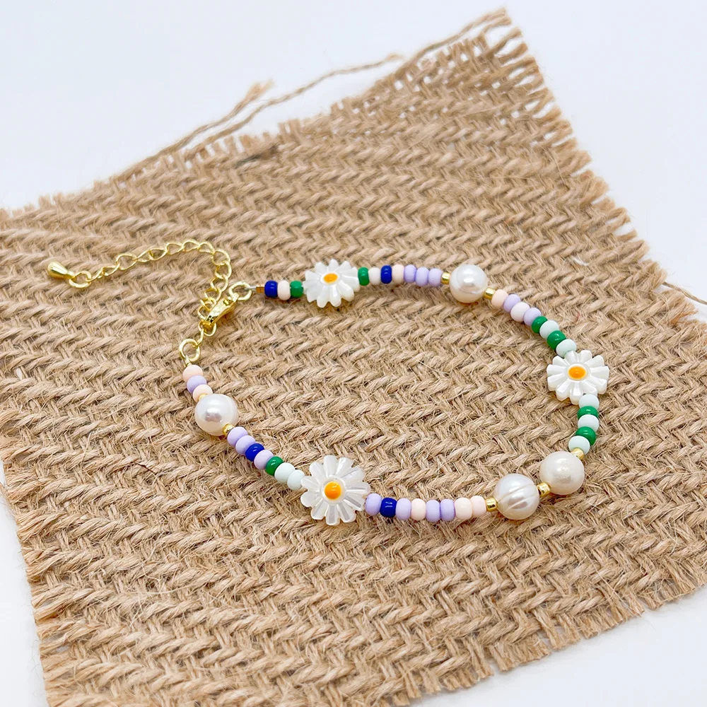

Браслет из рисовых бусин ZGMXR, регулируемый, с цветами и жемчугом, в богемном стиле, ручной работы, модный, простой, женский, из бисера.