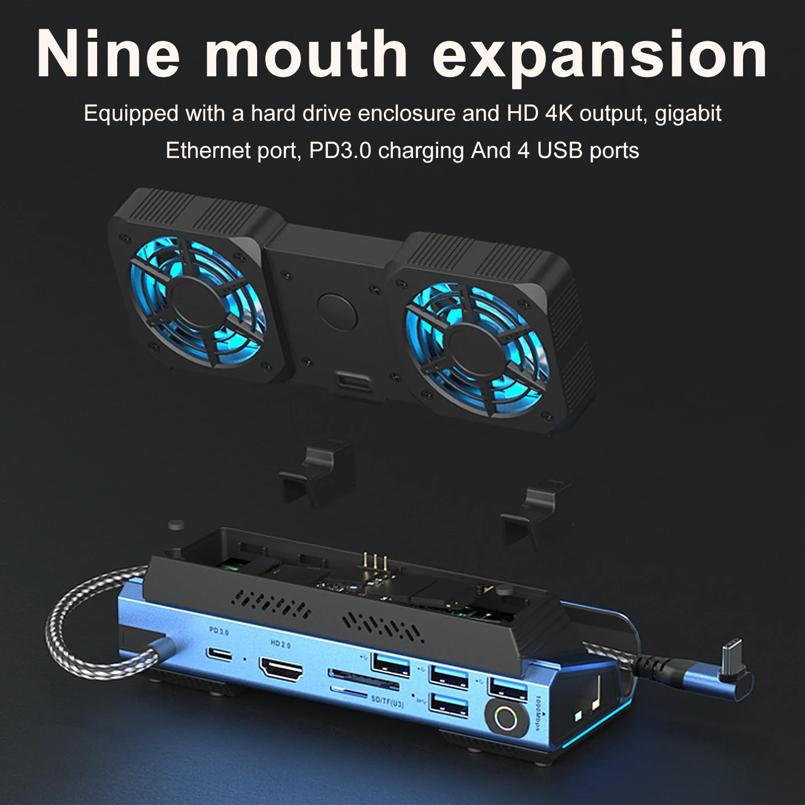 10-in-1 Type-c Game Docking Station for Steam DeckROG Ally/Switch M.2 PCie nvme Hard Disk Box,USB C HUB 4K60HZ Dual Fan Cooling