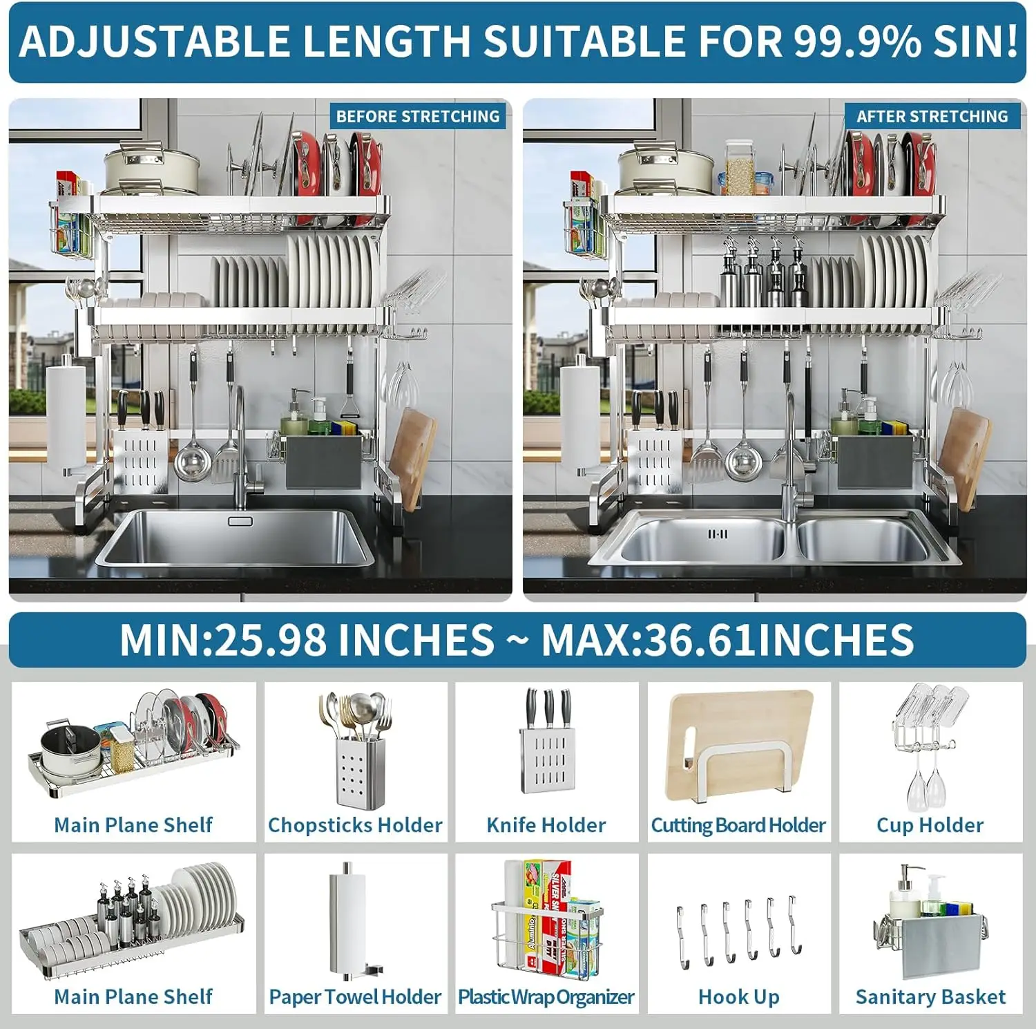 Over The Sink Dish Drying Rack, 3-Tier Drying Drainer Rack Over Sink Stainless Steel Adjustable (29.1''~37.4''), Sink Drying