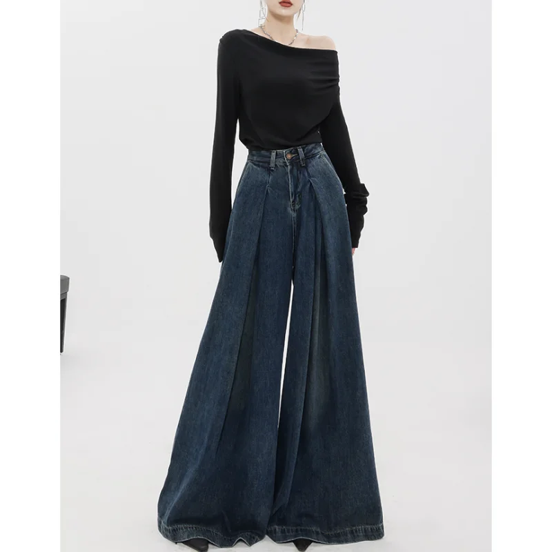 Mulheres Blue Jeans Chic Dobrado Cintura Alta American Street Wide Leg Pants Moda Vintage Oversized Feminino Straight Autumn Trouser