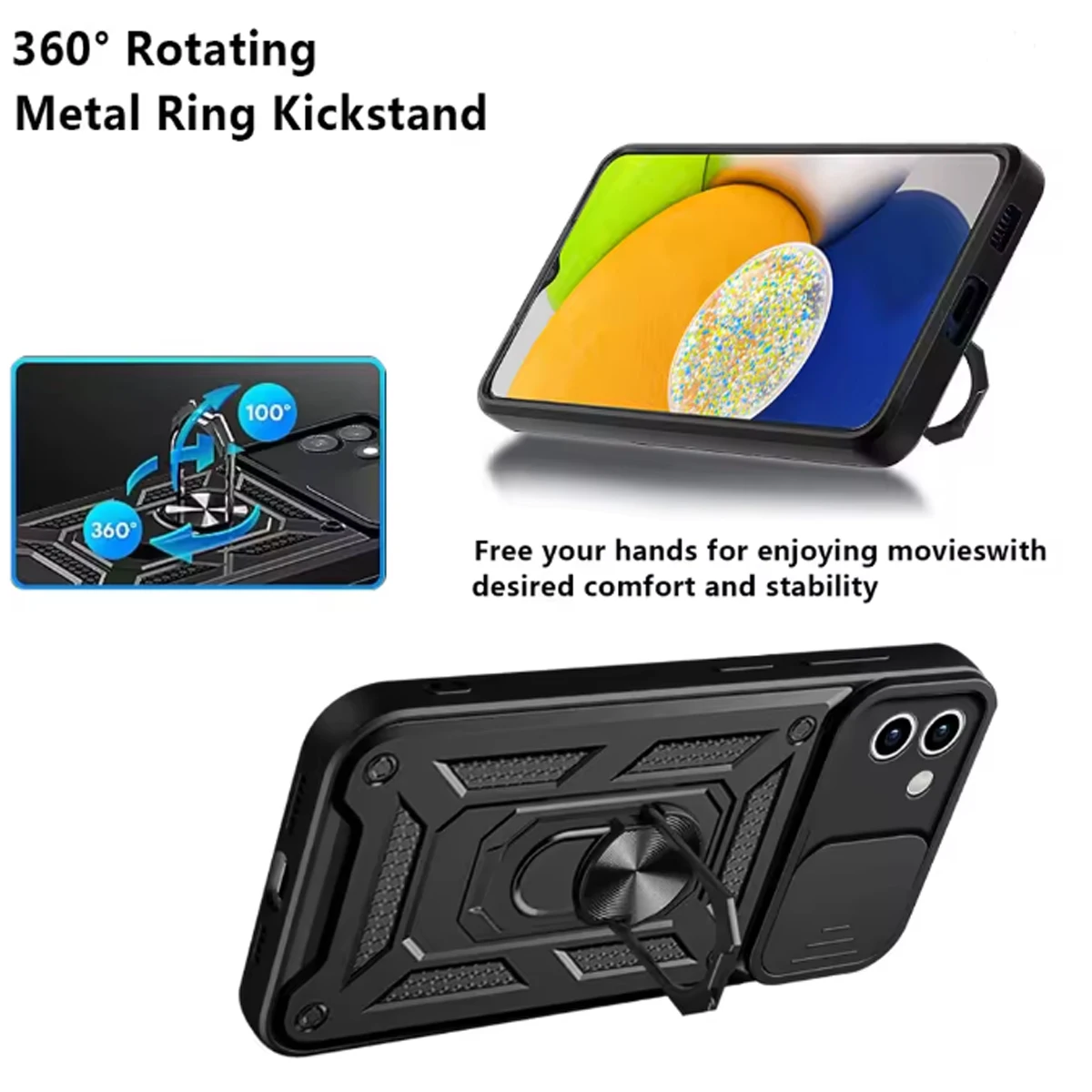 for OnePlus Nord N200 5G Case with HD Screen Protector with Slide Camera Cover, Atump 360° Rotation Ring Kickstand [Military Gra