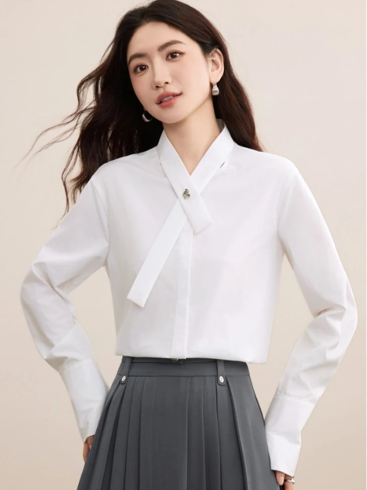 SENTUBILA Dames Casual Shirts Katoen 2025 Herfst Luxe Opstaande Kraag Korte voorkant-lange achterkant Zoom Tops Dameskleding 153CM3099