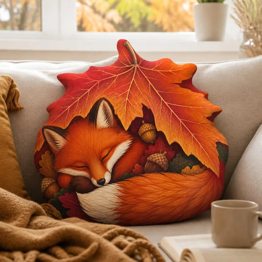 Sleeping Fox Plush Pillow Autumn Maple Leaf Cushion Stuffed Throw Pillow Cozy Fall Woodland Home Decor Shaped Sofa Bed Gift