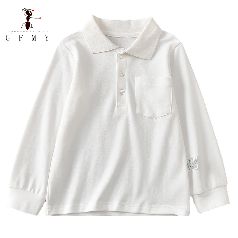 الأطفال قميص بولو كم طويل 100% القطن قميص الصلبة صبي الفتيات لفة الرقبة تي شيرت أبيض للمدرسة 2T-16T اليابان نمط القمم