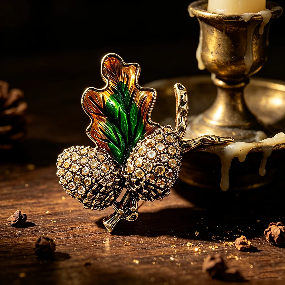 Vintage Rhinestone Acorn Oak Leaf Brooch, Retro Enamel Leaf Branch Lapel Pin, Autumn Plant Badge Coat Scarf Decor Jewelry Gift view 5