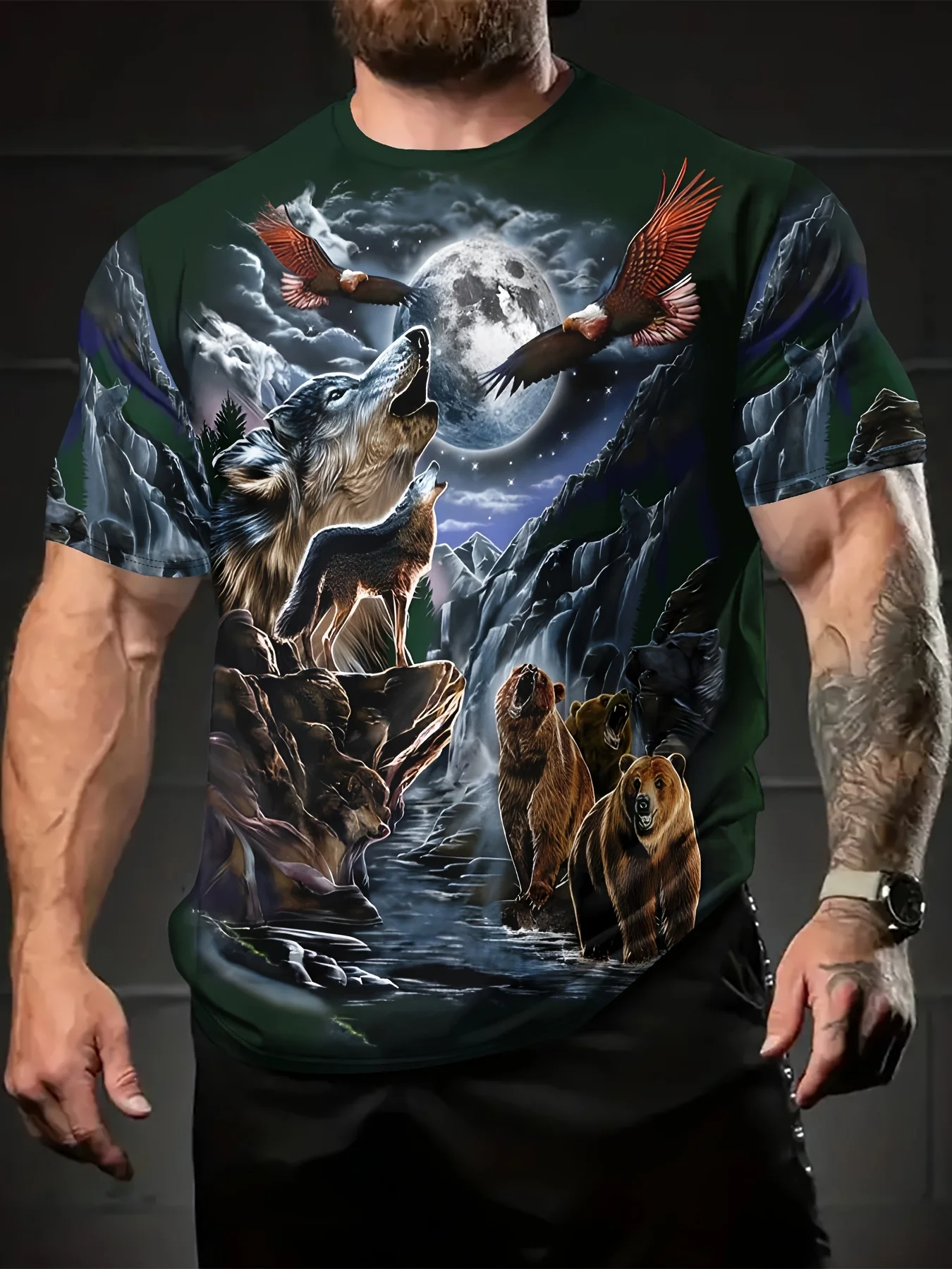 

Summer Men'S Cool Moon Animal Pattern Digital Printed Pattern T-Shirt,Summer Outdoor Leisure Sports Outdoor Short-Sleeved