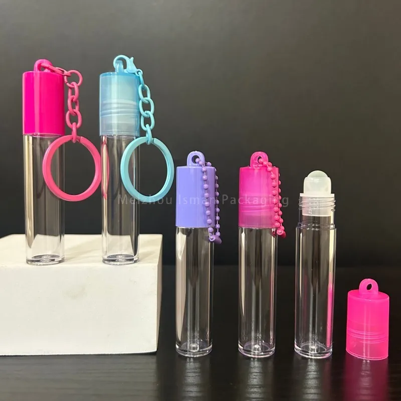 

50Pcs Empty 7ml Pink Blue Keychain Roll On Lipgloss Tubes Lip Gloss Containers Cosmetic Bottle Packaging Tube with Key Chain