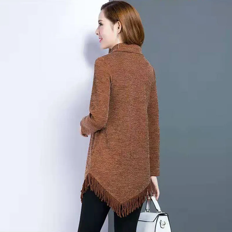 Large Size Women's Dress A-line High Collar Autumn Winter New Loose Female Tassel Fashion Pullover knitting Femme Mid length Top