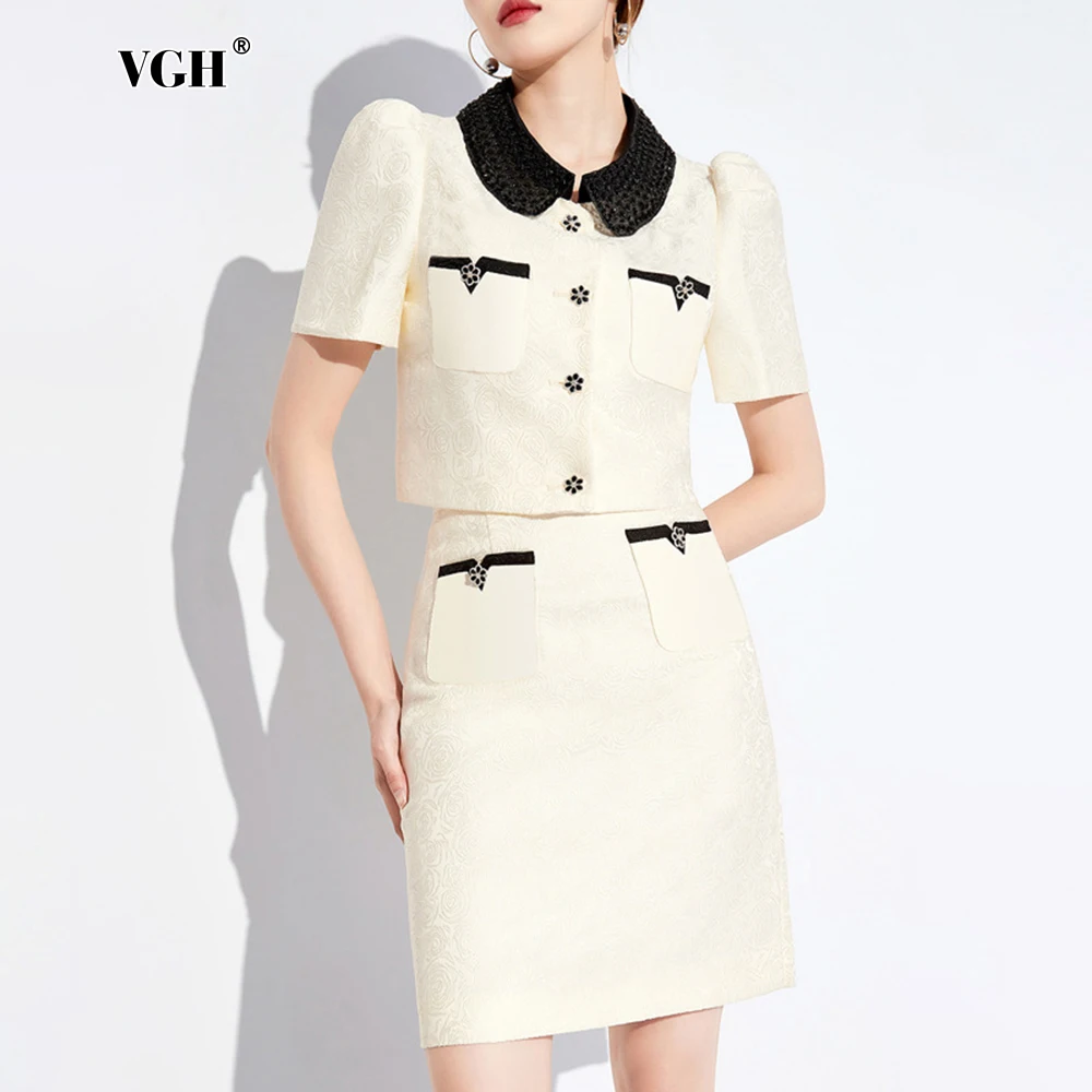 VGH Hit Color Minimalist Two Piece Sets For Women Lapel Short Sheeve Tunic Tops High Waist Skirt Loose Luxury Set Female Fashion