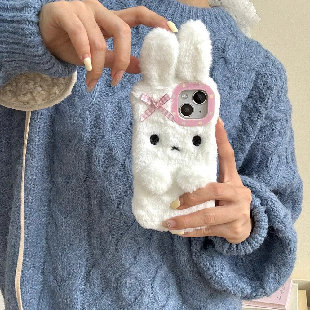 3D Kawaii Bow Bunny Cartoon Plush Stereo Phone Case for IPhone 16 15 14 13 12 11 Pro Max Drop-resistant Back Cover Girl Gift