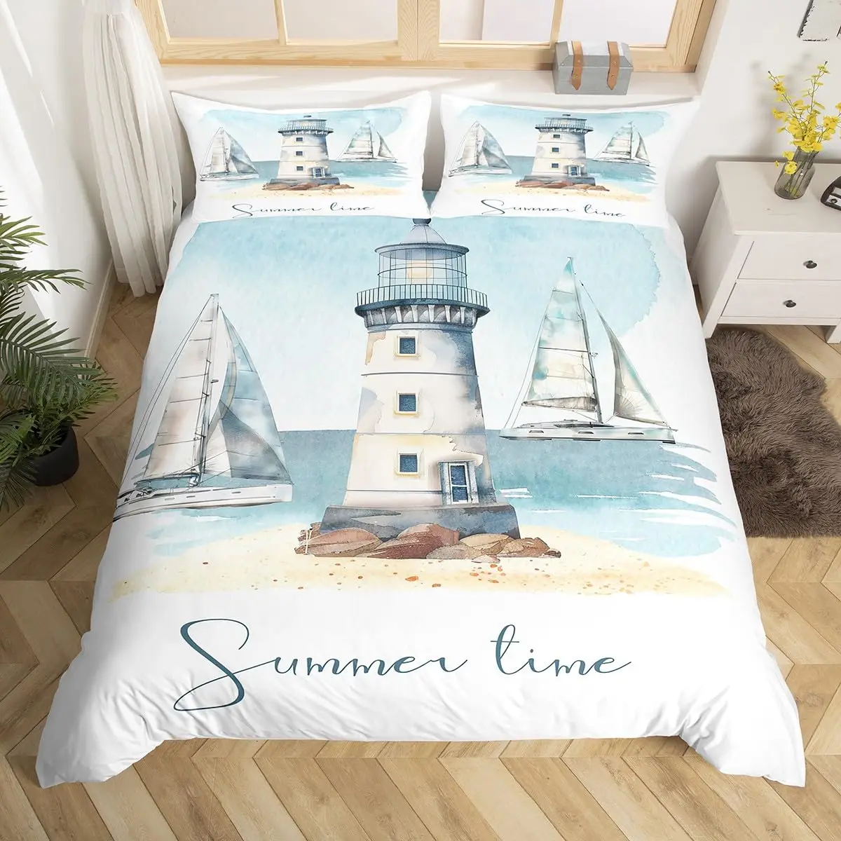 Nautical Comforter Cover Sailboat Lighthouse Duvet Cover Watercolor Ocean Themed Bedding Set Summer Beach Polyester Quilt Cover