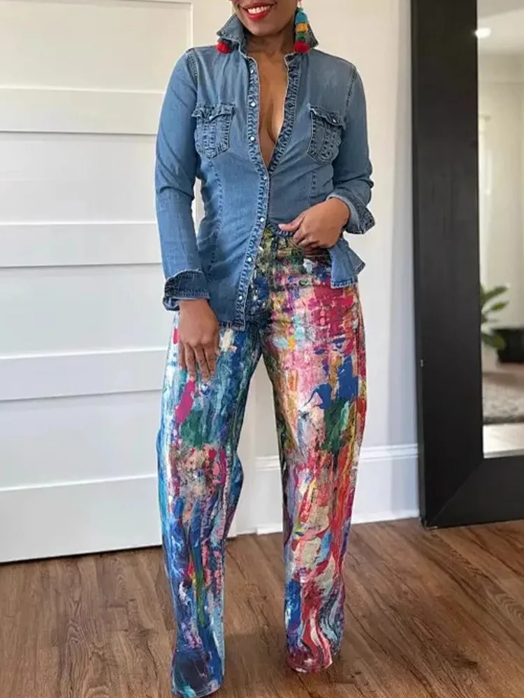 النساء عالية الخصر بنطال ذو قصة أرجل واسعة لامعة مستقيم السراويل الطويلة بالازو عادية العصرية بنطلون 2025 ربيع الخريف الشتاء بنطلون جديد #2