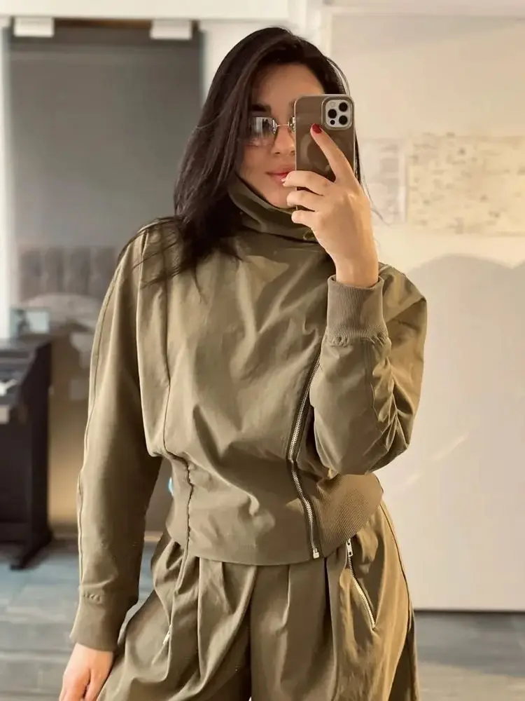 2025RARA nouveau femme chauve-souris à manches longues col montant simple veste plissée décoration taille haute pantalon ample costume