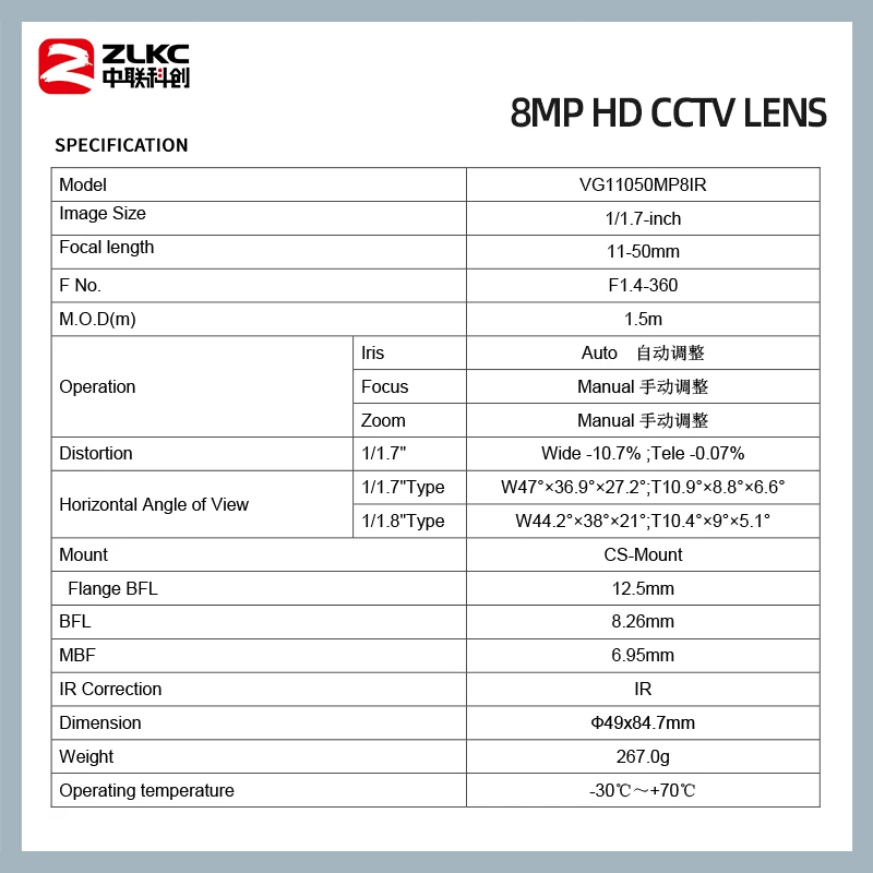 Imagem -06 - Cctv Câmera ip 8.0megapixel Abertura F1.4 hd 1150 mm Manual Varifocal Lente 1.7 Polegada Auto Iris Cs-mount Lentes para Câmera ir