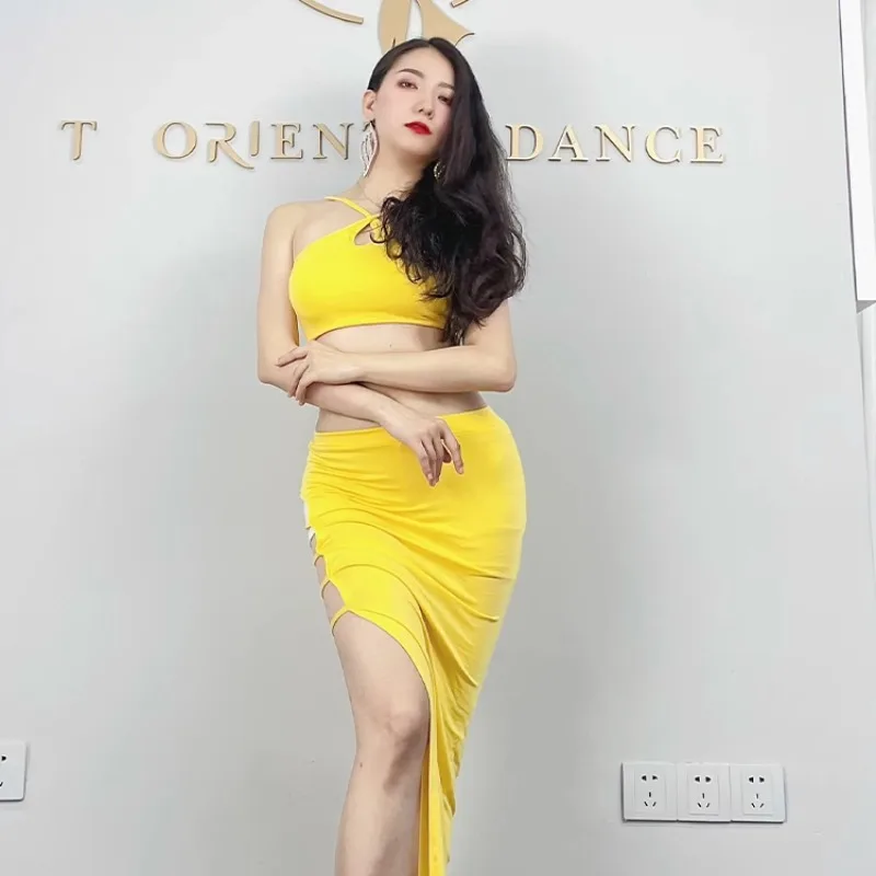 Customized Belly Dance Costumes Practice Dress Yellow Modal Strapless and Legless Skirt Sexy Beginner Oriental Dance Costume
