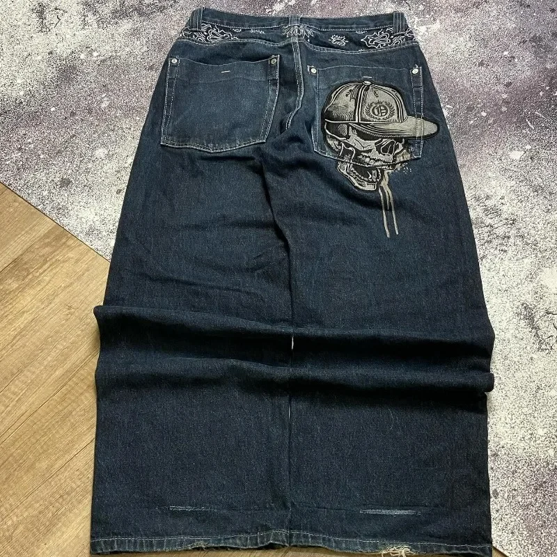 

American New Skull Embroidery Casual Baggy Jeans Women Y2K Street Harajuku Vintage Gothic High Waist Joker Wide Leg Pant Trouser
