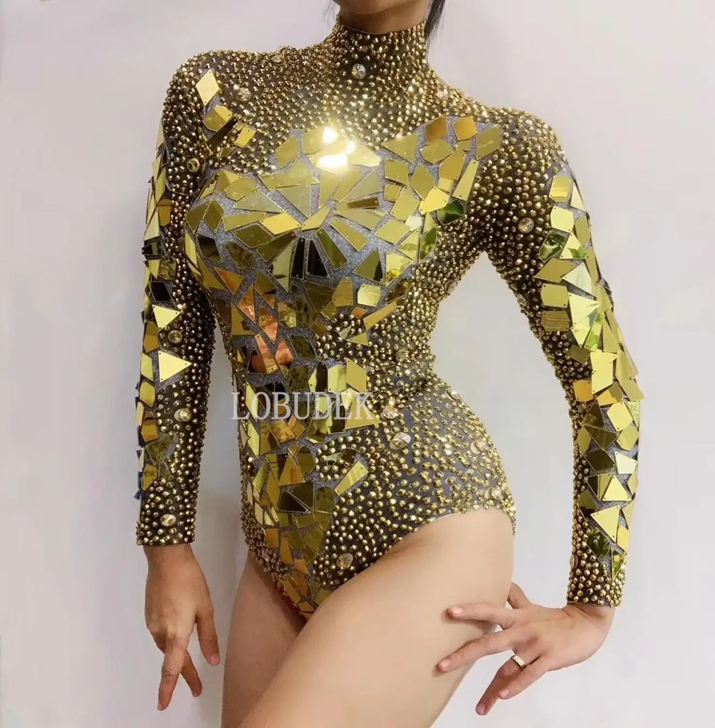 Gold Mirror Rhinestones Bodysuit Sexy Bar Nightclub Stage Wear Women Team Dance Leotard Carnival Party Performance Costume