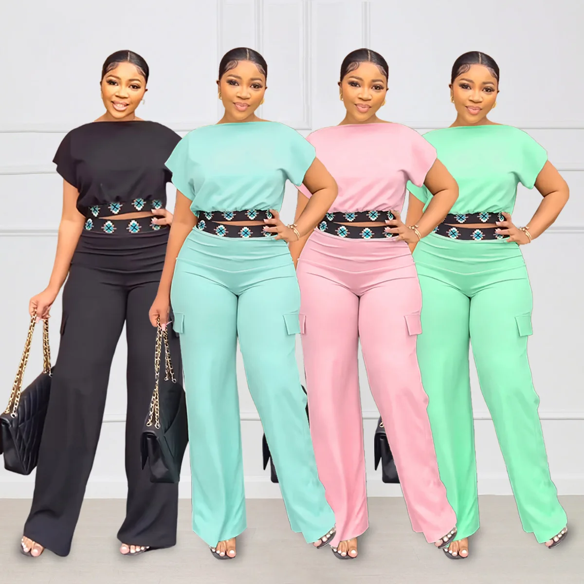 2025 duas peças moda feminina geométrica impresso barco colarinho manga curta topo cúbico e bolso casual conjunto de calças diárias