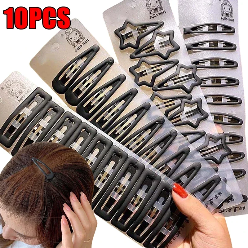 

10 pcs/lot Fashion Matt Black Geometric Hair Clip for Women Girls Solid Color Heart Water-drop Square Shaped Hairpin Barrettes