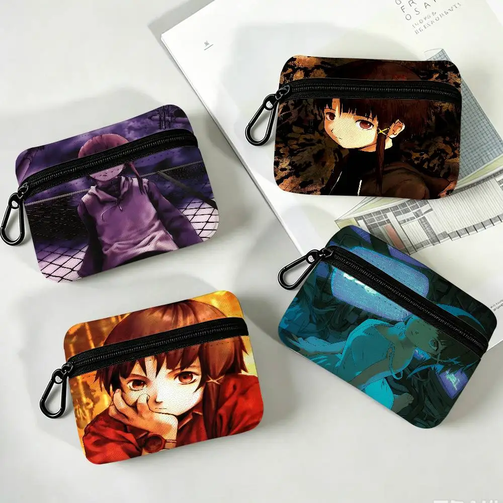 Anime Serial Experiments Lain Portable Oxford Cloth Coin Purse Alloy Carabiner Hook Small Zipper Pouch For Backpack Belt Daily