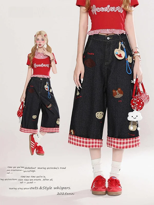 Black American Embroidered Doggie Cuffed Plaid Denim Shorts Women Summer 2026 Casual Wide Leg Seven-Five Pants