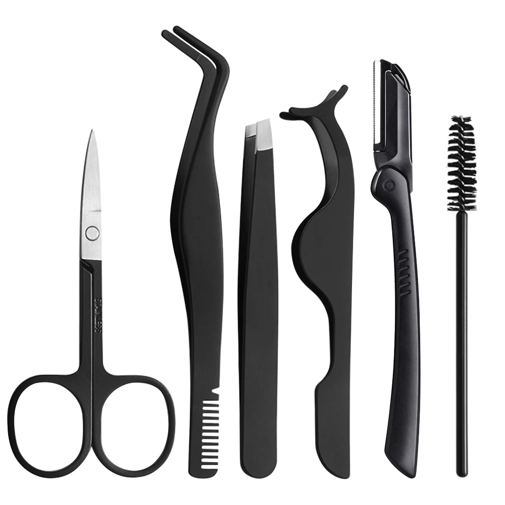 Juego de pinzas para extensión de pestañas, pinzas de punta curva de acero inoxidable, pinzas para cejas, tijera, accesorios de maquillaje de belleza, 1/6 Uds.