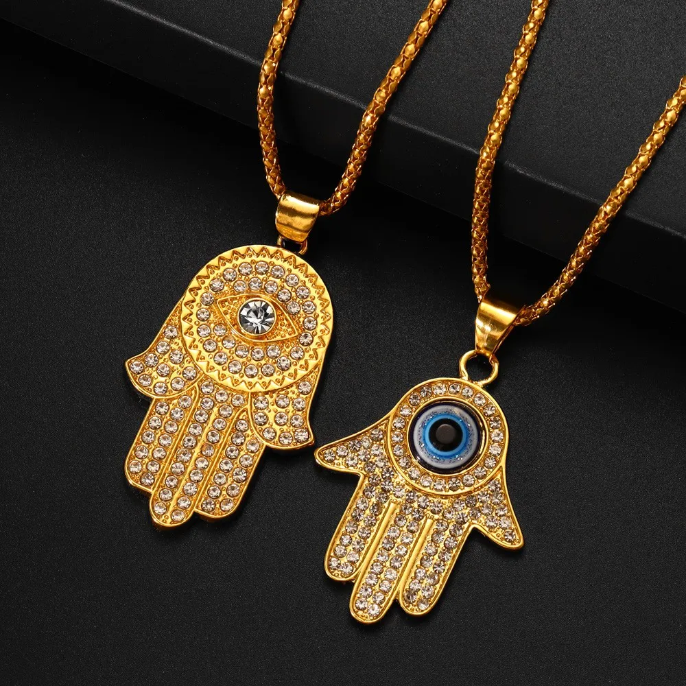 New Men's Fashion Titanium Steel Gold Plated Full Rhinestones Hand of Fatima Pendant Necklace Religious Personality Jewelry