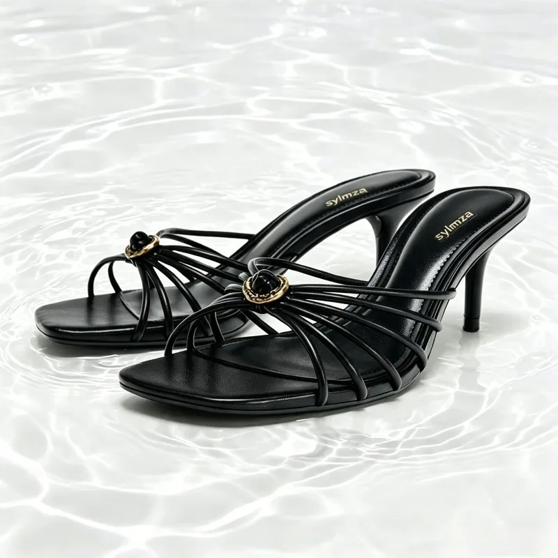 Fashion Metal Detail Mules Sandals for Women Sexy Open-toe Square-toe Stiletto Slide Sandals Unique Narrow Band Designer Shoes