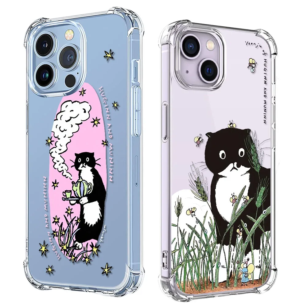 Lovely Cartoon Cat Phone Case For iPhone 15 14 13 12 11 Pro X XS XR Max 7 8 Plus SE 3 Mini Shockproof Soft Clear TPU Back Cover