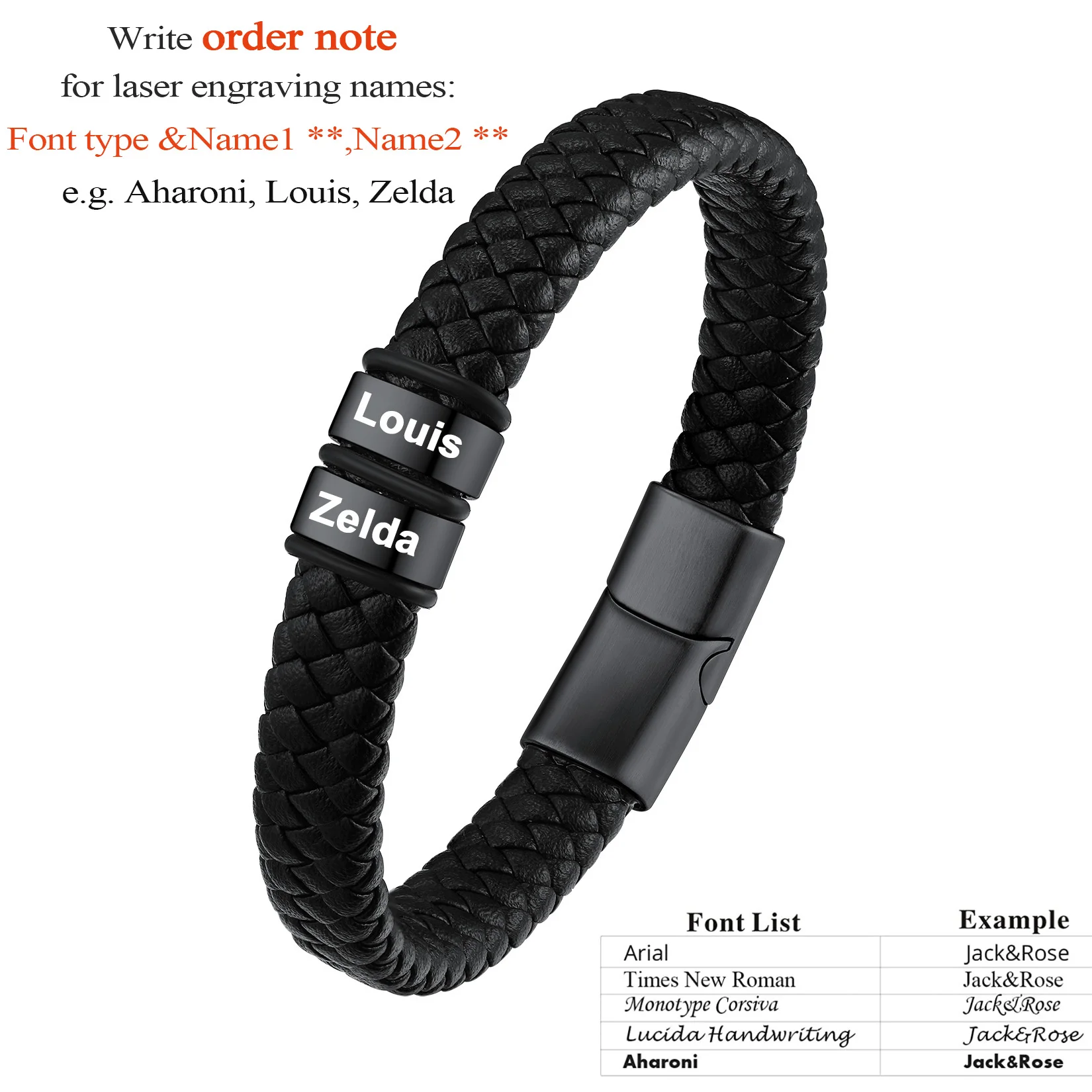 U7 Wide Black Braiding Leather Bracelet for Man Custom Laser Engrave Name Word Stainless Steel Bead 19cm Wristband Bracelet