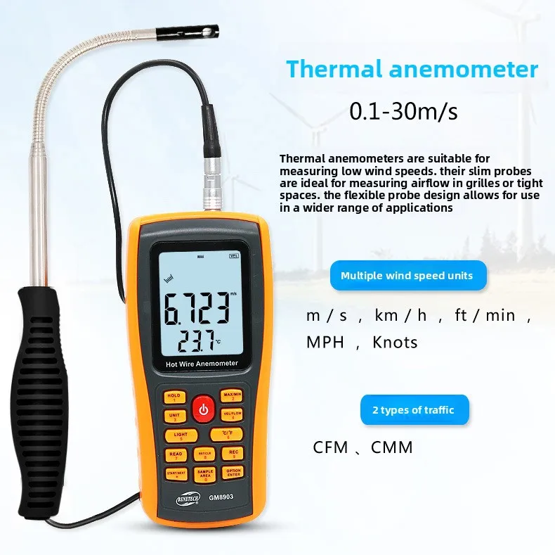 Anemómetro Térmico GM8903, Medidor de Velocidad del Viento, Detector de Velocidad del Aire, Herramienta de Medición Industrial para Monitoreo Ambiental