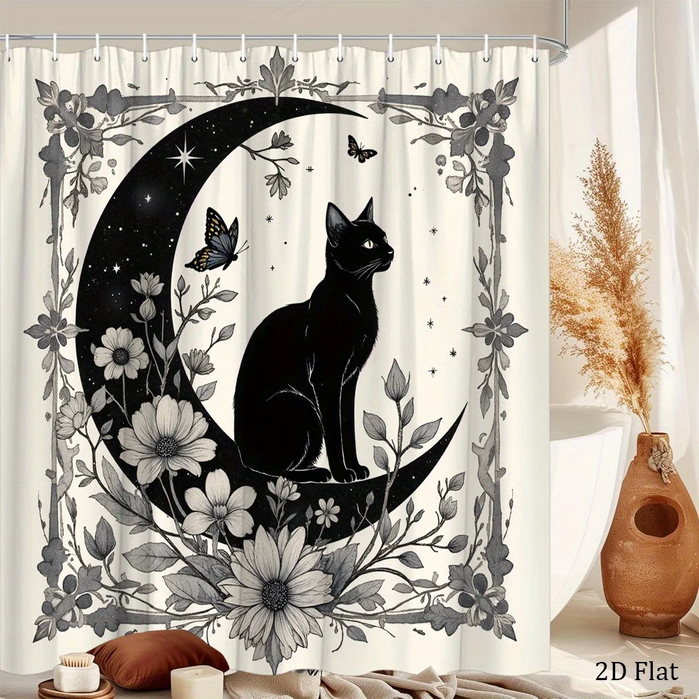 1pc Cat Moon Shower Curtain Black Cat Silhouette Inside Crescent Moon with Floral and Butterfly Patterns, Mystical Design, 70.8x