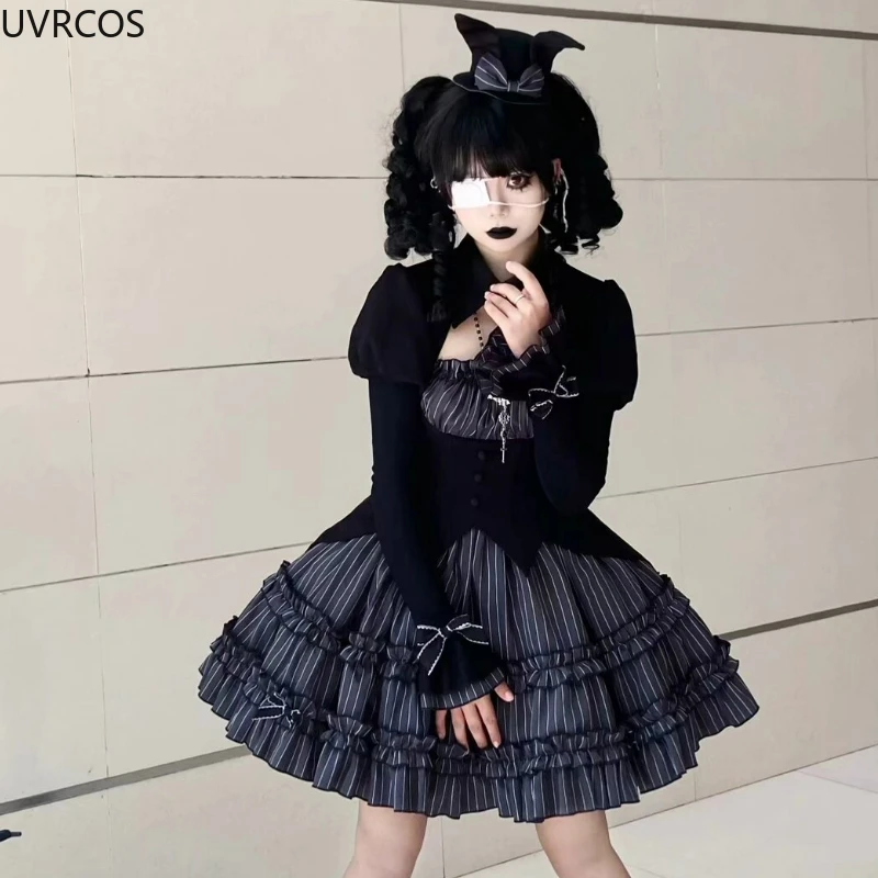 Vintage Gothic Lolita Dress Sets Women Halloween Duke Cosplay Costumes Harajuku Y2k Party Mini Dresses Punk Dark Stripe Dresses