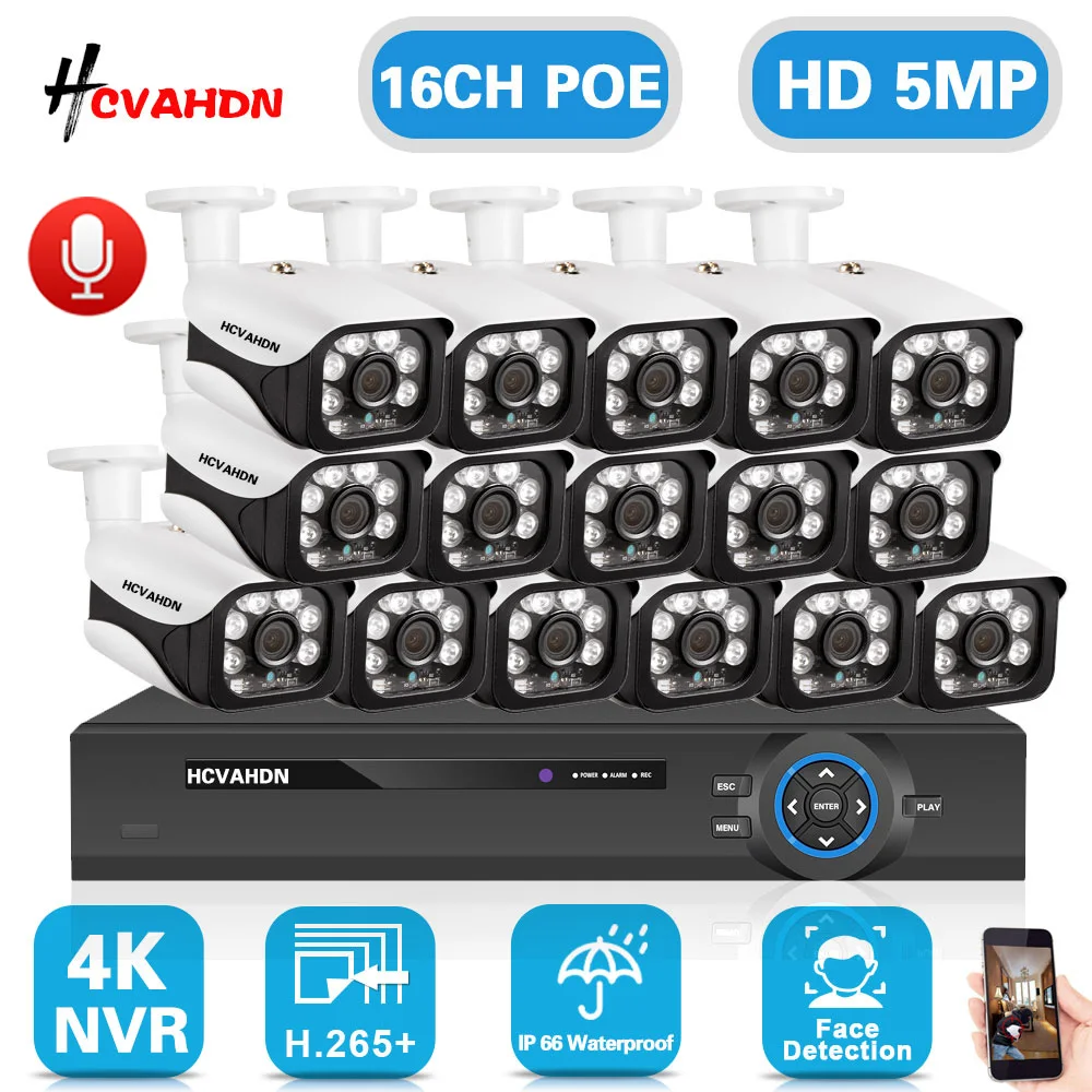 

16CH 4K POE NVR Surveillance System Outdoor Waterproof Audio 5MP POE CCTV Camera Security System Kit P2P 8CH XMEYE IP Cam Set