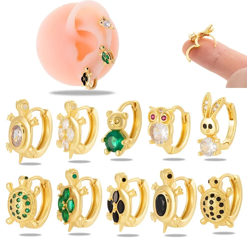 1PC 18k Plated Gold Color Stainless Steel Tortoise Huggies Earrings Cute Animal Turtle Bear Rabbit Zircon Hoop Earring Jewelry