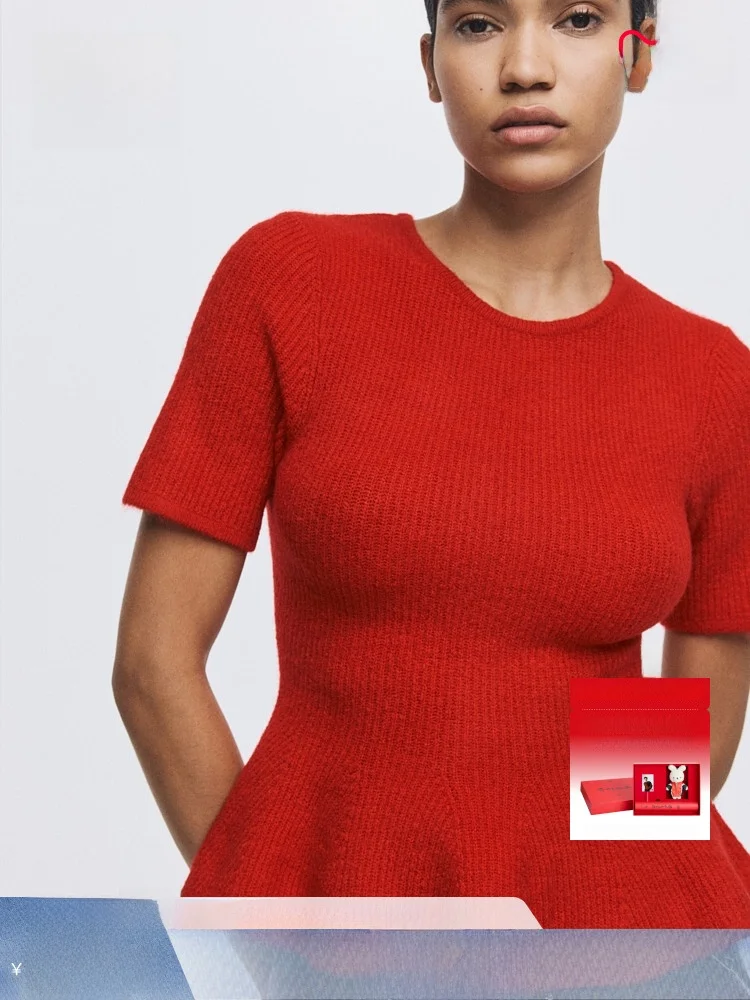 

Женский вязаный свитер H&M, зимний красный новогодний халат с застежкой на талии, юбка с подолом, повседневный топ, облегающий крой, Woo...