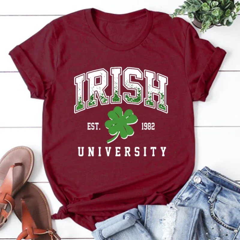 Irish University Shirt Shamrock Tee St Patricks Day Shirts Funny St Patricks Women Clothing Vintage Green Day Tops m