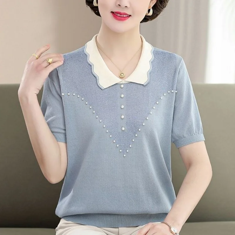 New Spring and Summer Women\'s Splicing Contrast Color Lapel Short Sleeve Loose Knitted Pullovers Hollow Out Beading Fashion Tops