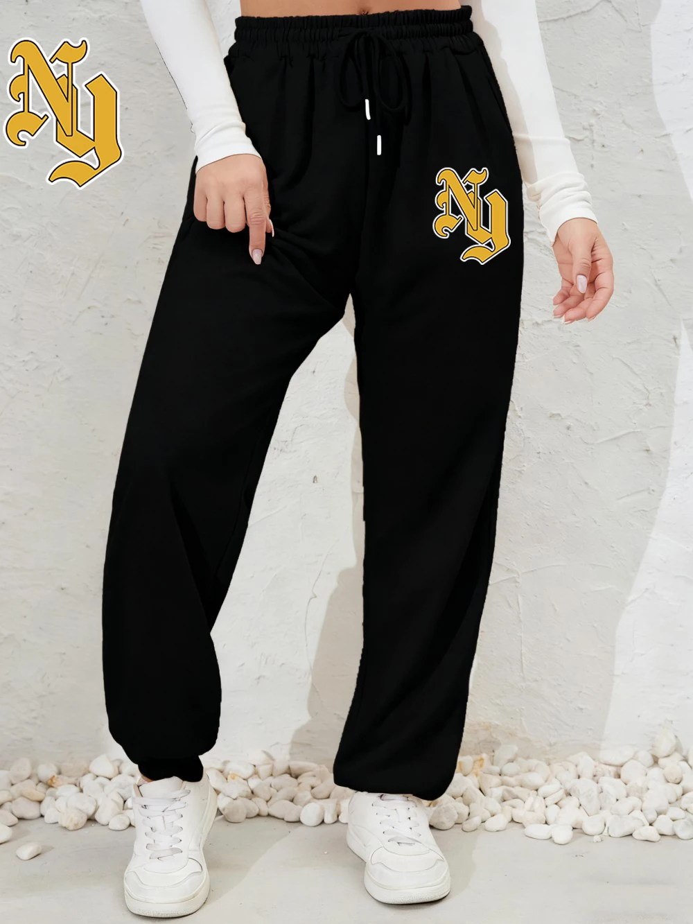 뉴욕 레터 Ny 프린트 스웨트팬츠 여성용 가을 겨울 바지 편안한 포켓 플리스 따뜻한 바지 트렌드 여성용 스트리트웨어