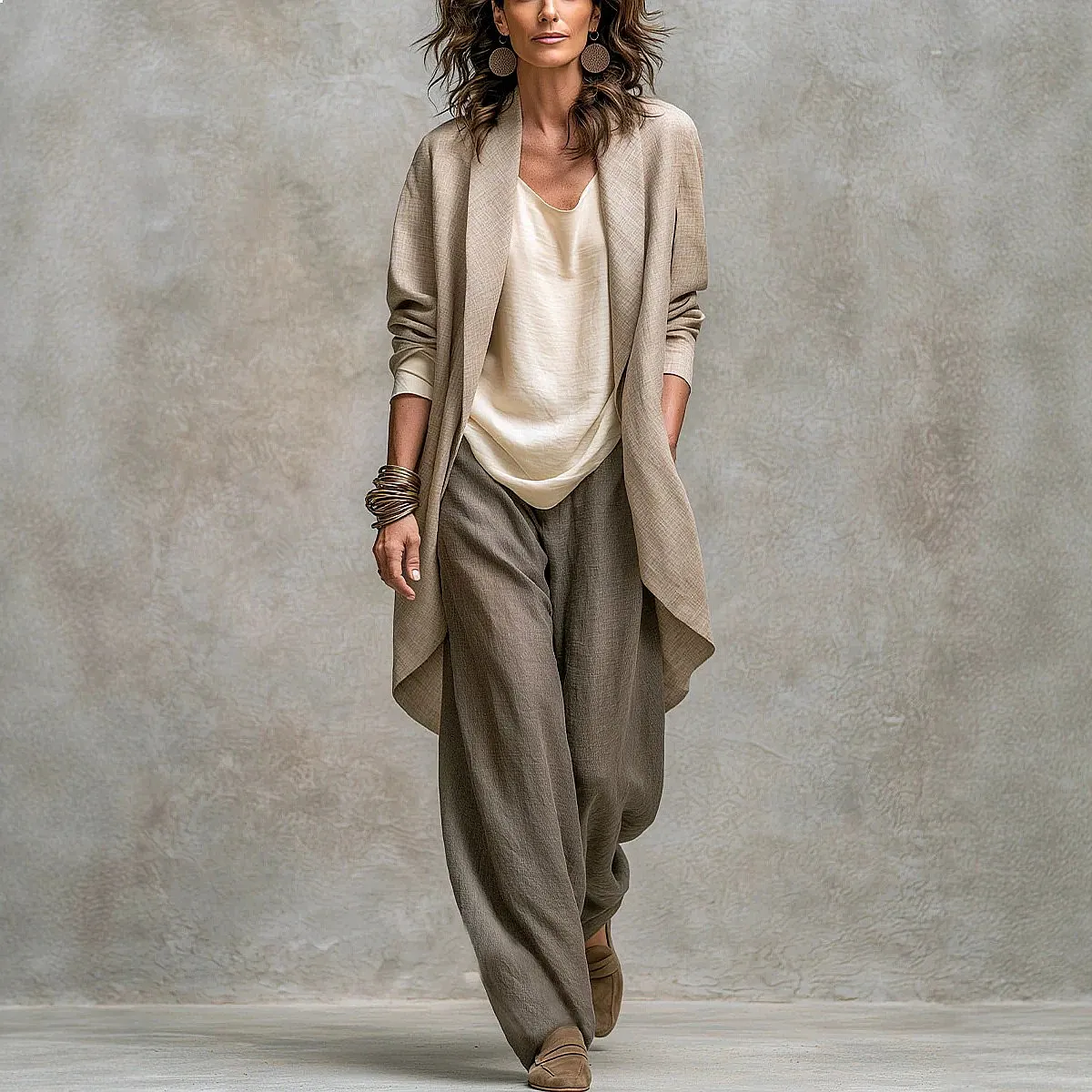 Women Boho Casual Linen Look 3 Piece Matching Set Blazer Wide Leg Pants Suit