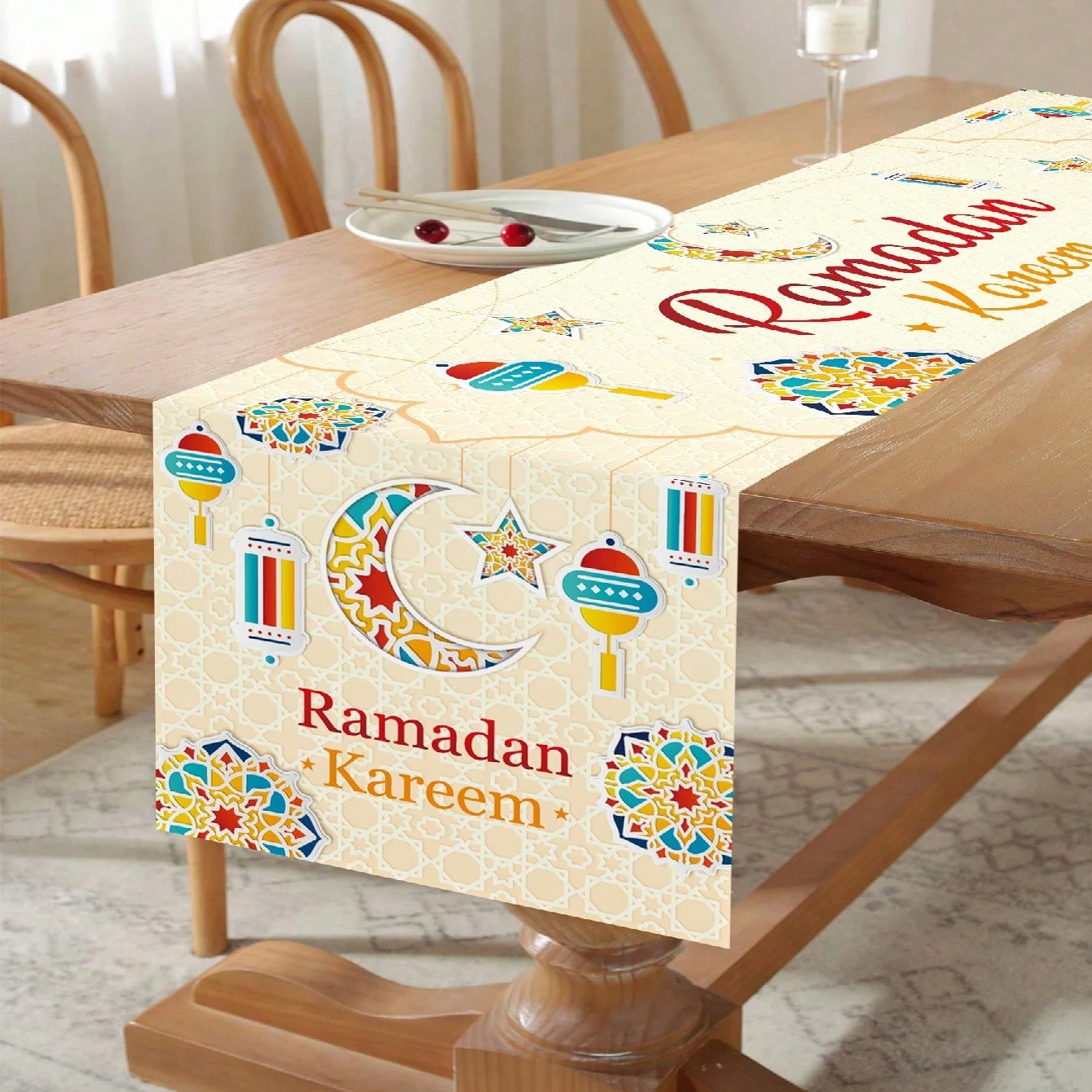 

1Pcs Ramadan Kareem Colorful Table Runner Star and Moon Geometric Lantern Decoration Tablecloth Holiday Party Home Long Tablecloth