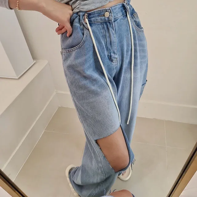 

East Gate High Waist Dstring Destroyed Waist Wide Leg Pants Straight Leg Jeans Long Trousers Slimming Effect Women's Jeans