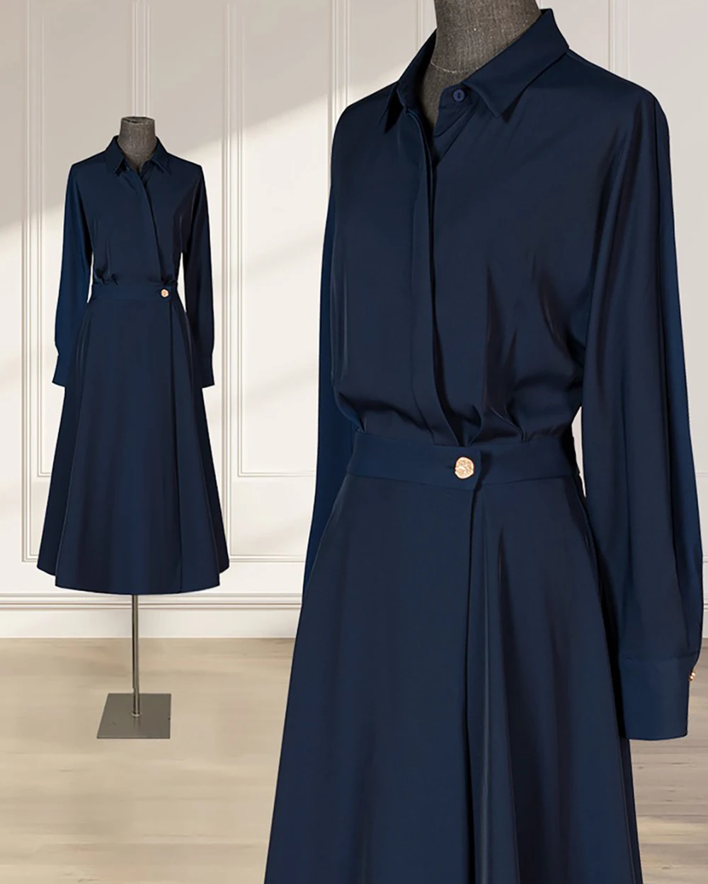 Damska granatowa sukienka koszulowa, elegancka, wysokiej jakości, z temperamentem, nowy jesienny styl, profesjonalny długi garnitur ze spódnicą dla kobiet.