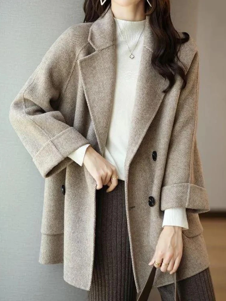 Woolen Jacket Women Elegant Coats Loose fit Office Trench Fashion Blazer Double Breasted Outer Wear Autumn