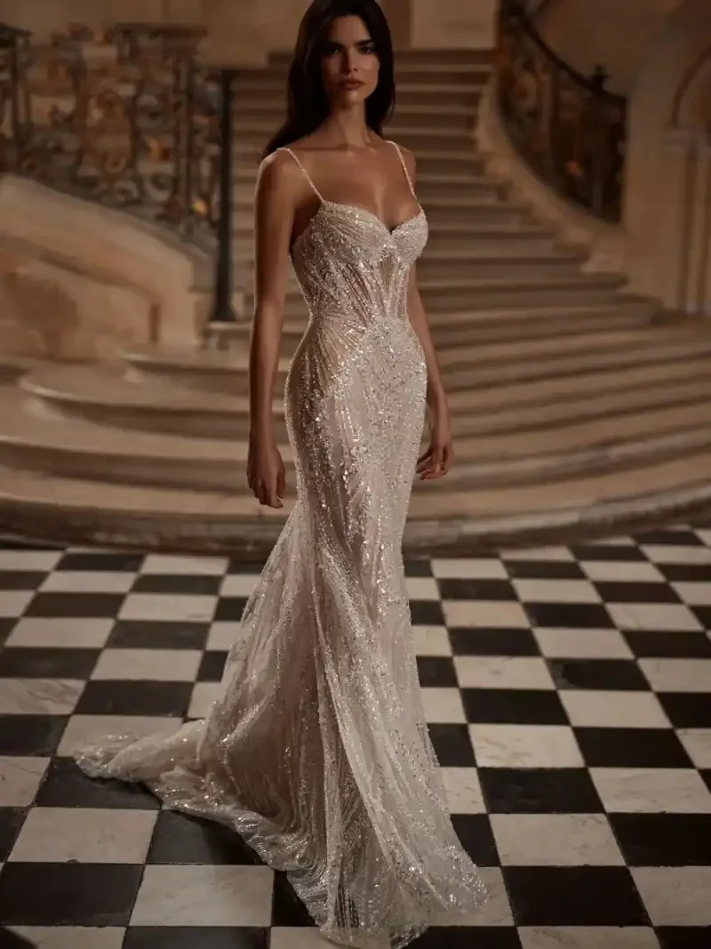 Graceful A-Line Wedding Dresses With Spaghetti Strap Pearls Sequins Customized Plus Size For Special Occasion  Vestidos De Novia view 2