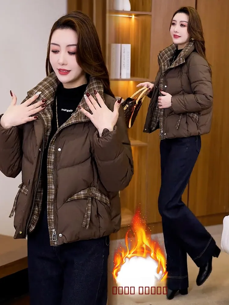 Women's Thiened Fce Lined down Jaet Patchwork Outerwear Winter New Sle Korean Version Loose Fit Long Sve Zipper