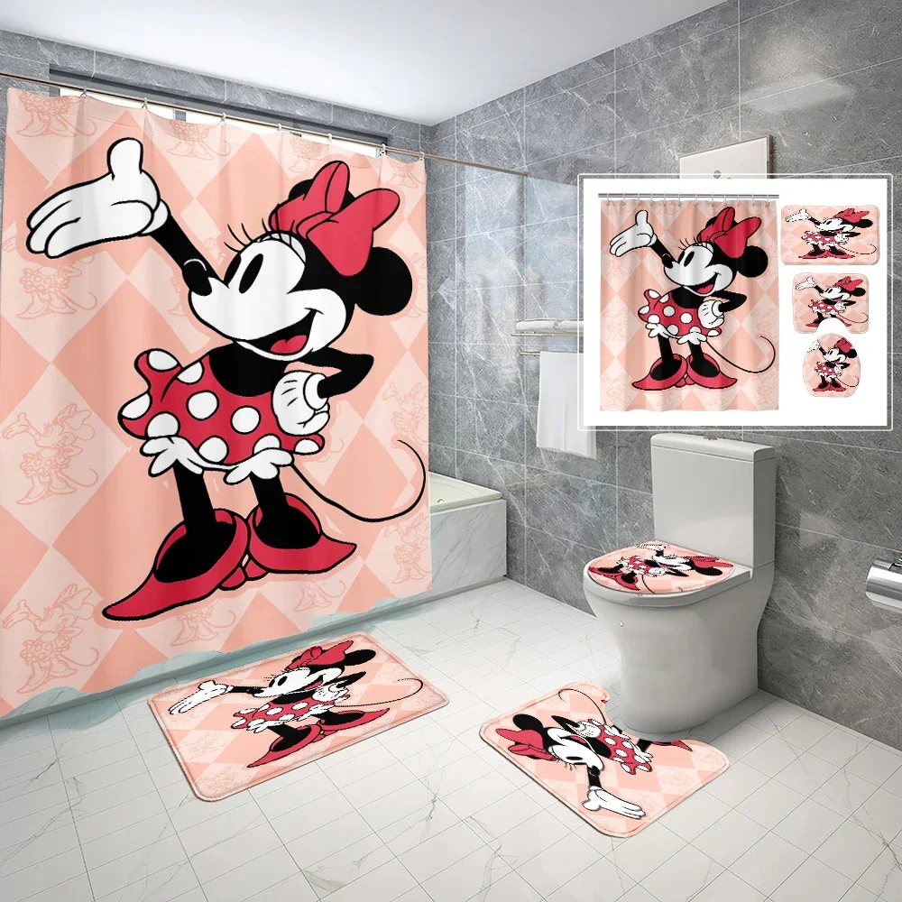 Mickey Minnie 4pcs Shower Curtain Set with Non-slip Rug Toilet Lid Cover Bath Mat Cartoon Bathroom Decoration Waterproof Curtain