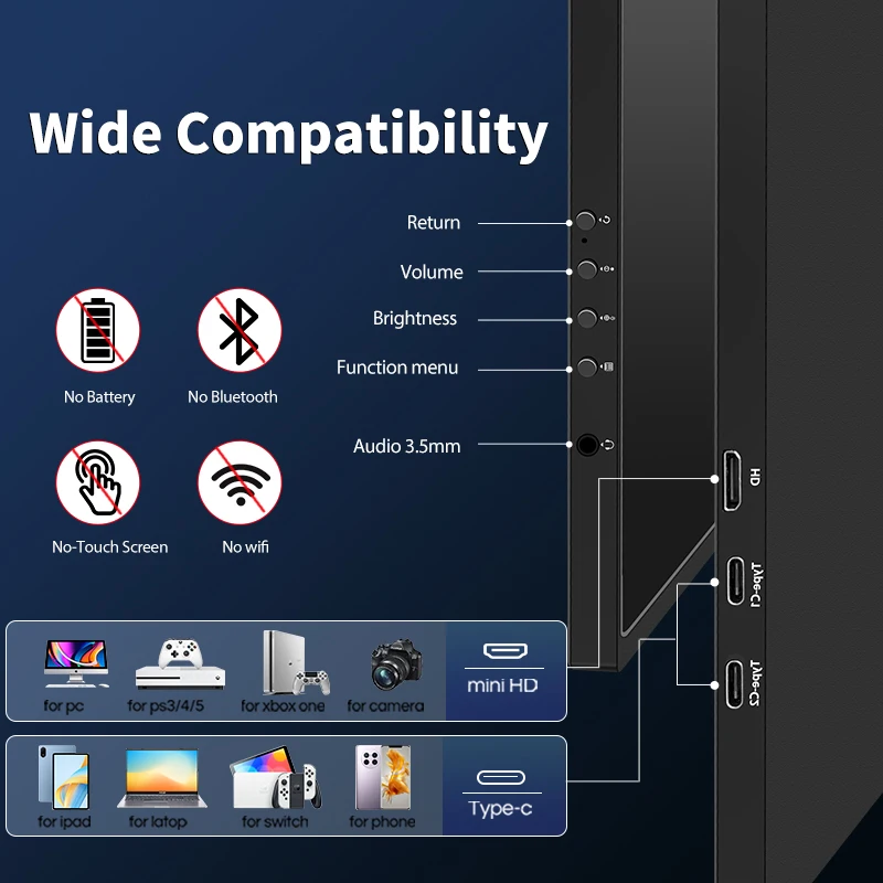 HGFRTEE 16-дюймовый портативный монитор FHD IPS 100%sRGB 300cd/m2 ПК Игры Расширенный дисплей Ноутбук Второй экран с VESA и кронштейном