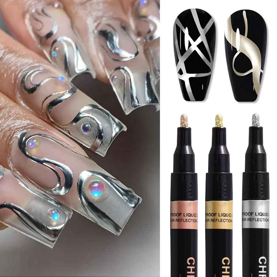 Metallic Silver Gold Nail Polish Waterproof Nail Marker Pen For Design Graffiti Drawing Pencil Lines Painting Gel Manicure Tools